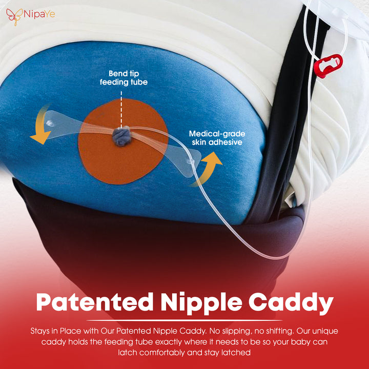 Patented Nipple Caddy with medical-grade skin adhesive and feeding tube illustration on a red background.